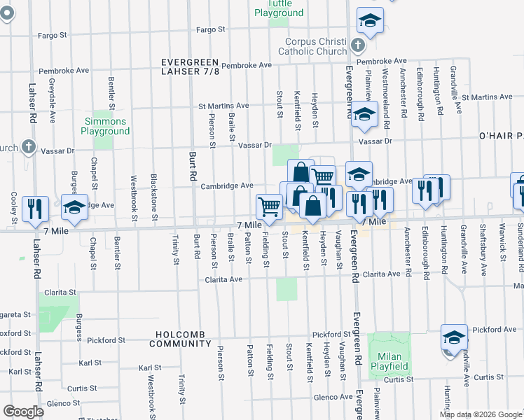 map of restaurants, bars, coffee shops, grocery stores, and more near 19162 Fielding Street in Detroit