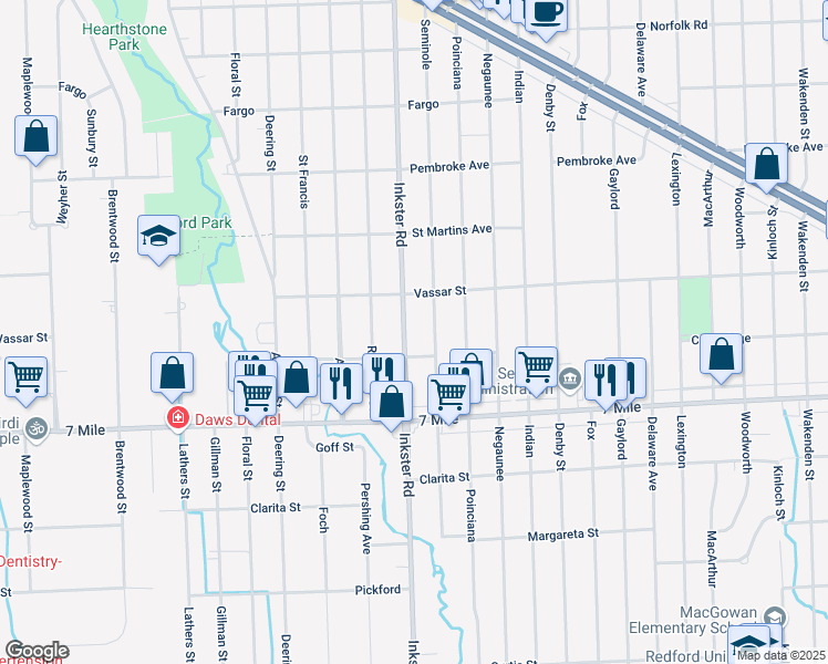 map of restaurants, bars, coffee shops, grocery stores, and more near 19364 Inkster Road in Redford Charter Township