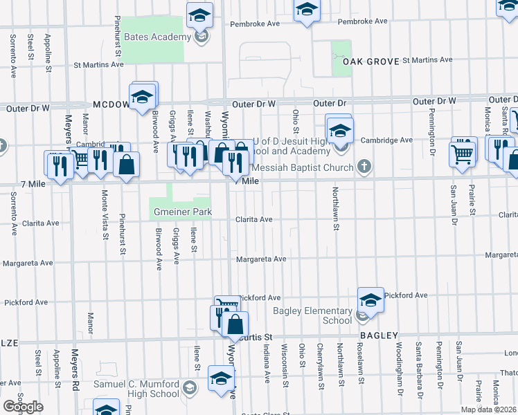 map of restaurants, bars, coffee shops, grocery stores, and more near 18952 Indiana Street in Detroit