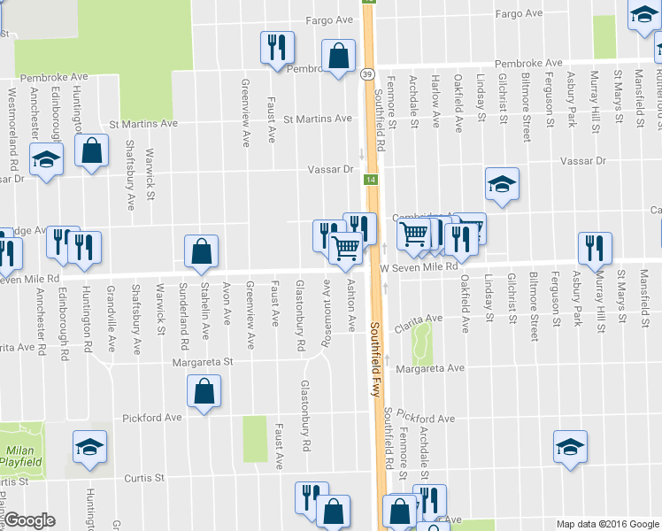 map of restaurants, bars, coffee shops, grocery stores, and more near 18244 W 7 Mile Rd in Detroit