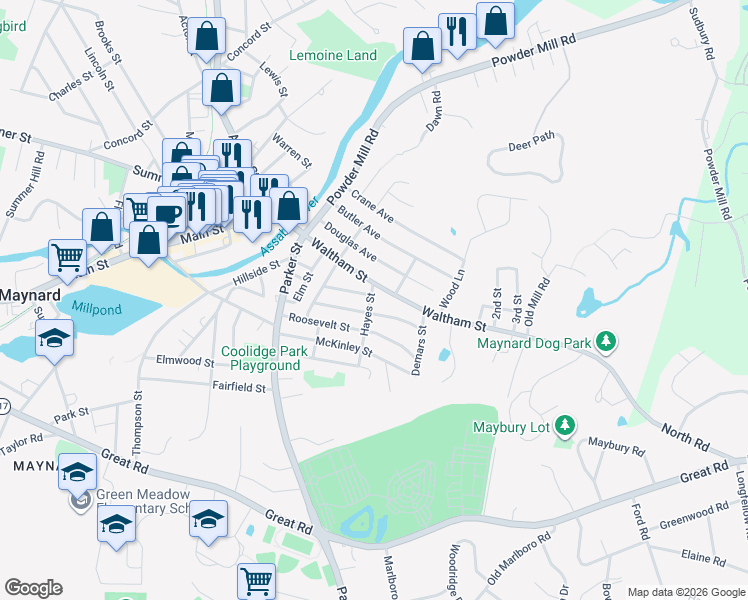 map of restaurants, bars, coffee shops, grocery stores, and more near 2 Hayes Street in Maynard