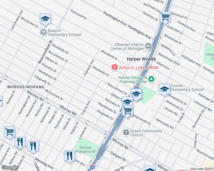 map of restaurants, bars, coffee shops, grocery stores, and more near 20455 Roscommon Street in Harper Woods