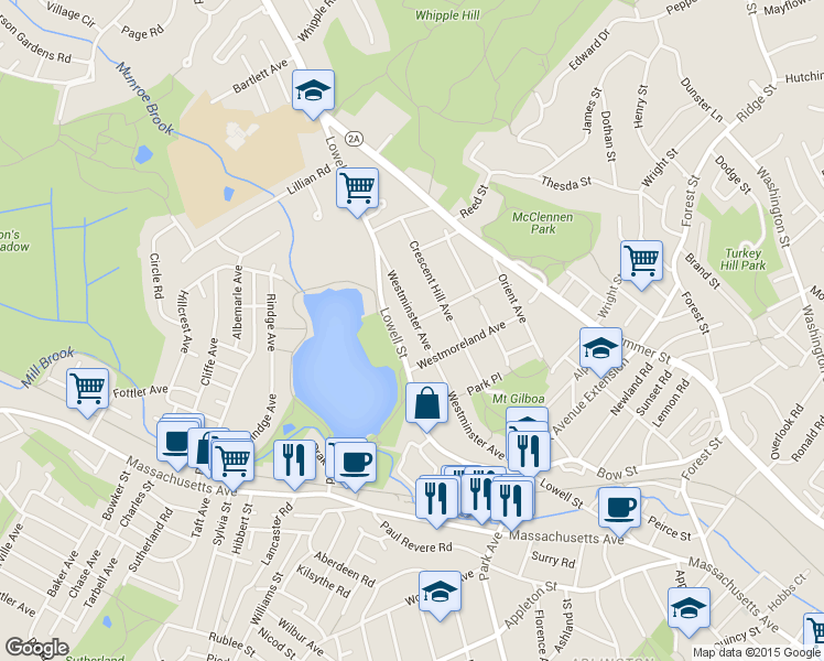 map of restaurants, bars, coffee shops, grocery stores, and more near 160 Westminster Ave in Arlington