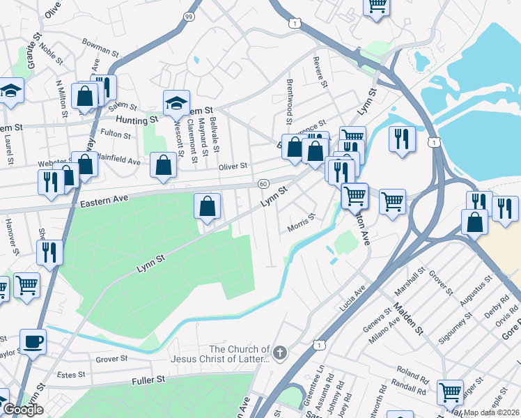 map of restaurants, bars, coffee shops, grocery stores, and more near 5 Blaine Street in Malden