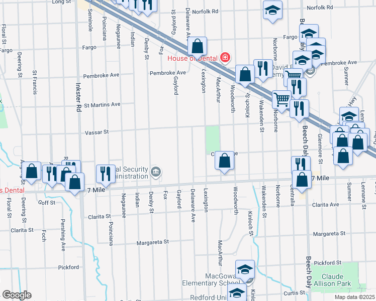 map of restaurants, bars, coffee shops, grocery stores, and more near 19347 Delaware in Redford Charter Township