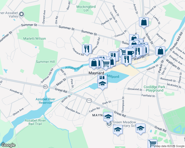 map of restaurants, bars, coffee shops, grocery stores, and more near 178 Main Street in Maynard