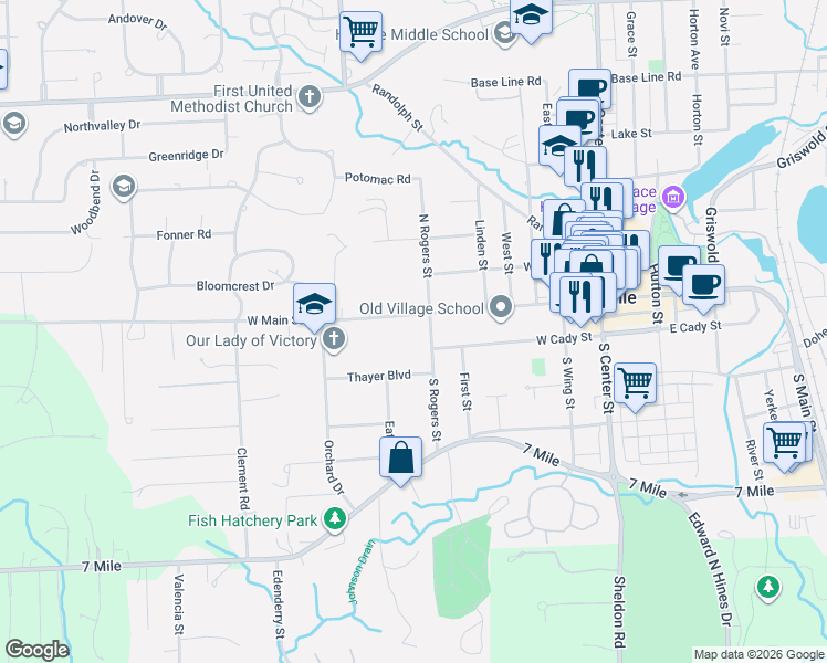 map of restaurants, bars, coffee shops, grocery stores, and more near 102 South Rogers Street in Northville