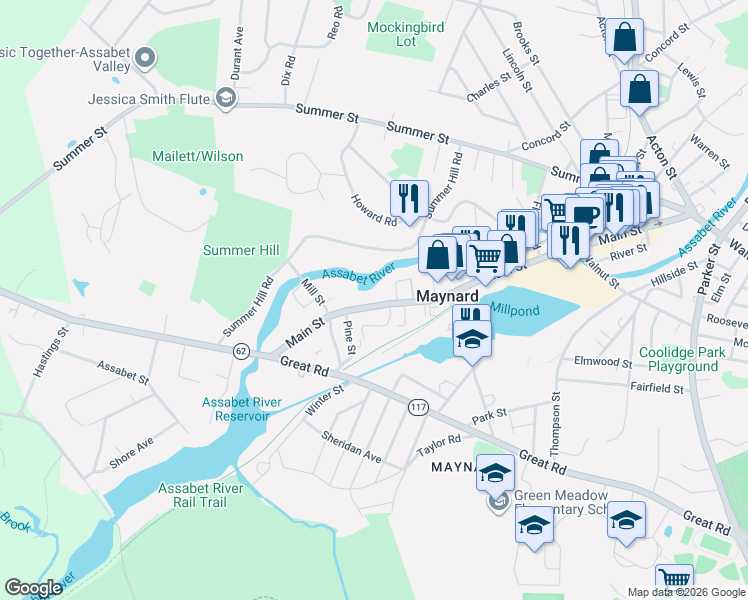map of restaurants, bars, coffee shops, grocery stores, and more near 9 Martin Street in Maynard