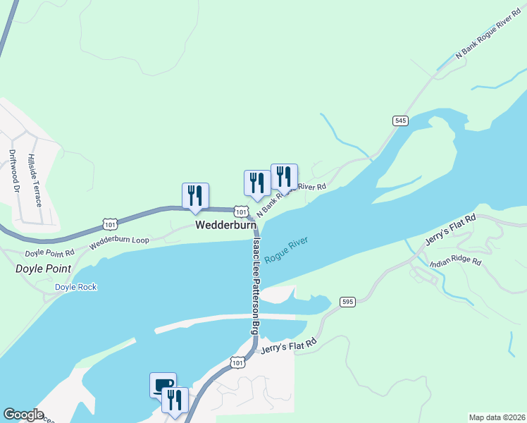 map of restaurants, bars, coffee shops, grocery stores, and more near North Bank Rogue River Road in Gold Beach