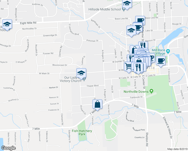 map of restaurants, bars, coffee shops, grocery stores, and more near 661 W Main St in Northville