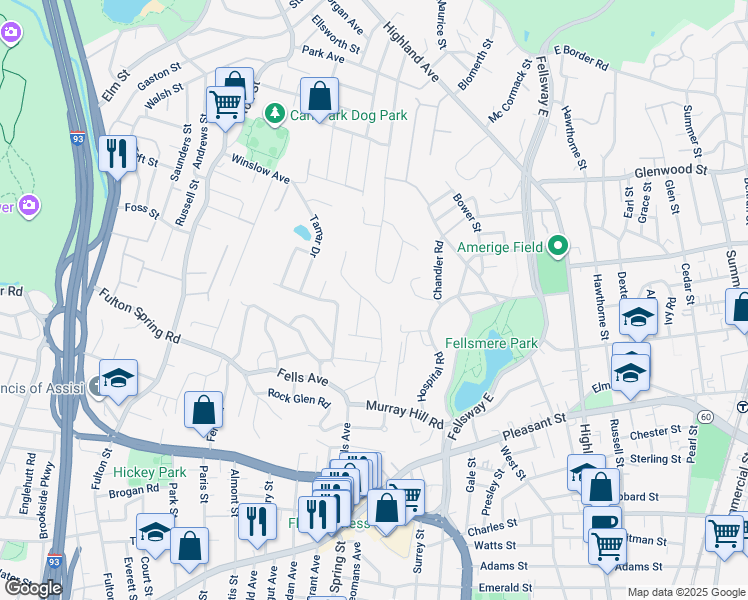 map of restaurants, bars, coffee shops, grocery stores, and more near 99 Grover Road in Medford