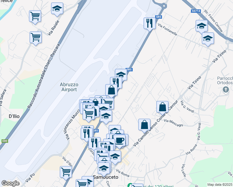 map of restaurants, bars, coffee shops, grocery stores, and more near 170 Via Amendola in Pescara