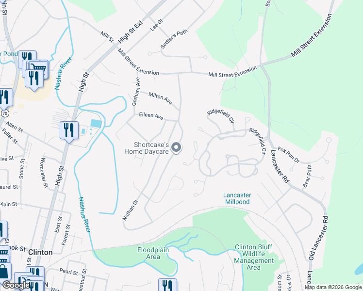 map of restaurants, bars, coffee shops, grocery stores, and more near 45 Woodruff Road in Clinton