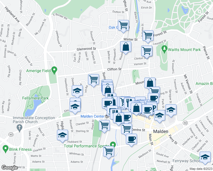 map of restaurants, bars, coffee shops, grocery stores, and more near Summer St & Lincoln St in Malden