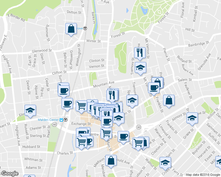 map of restaurants, bars, coffee shops, grocery stores, and more near Main Street & Concord Street in Malden
