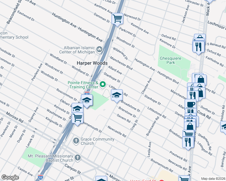 map of restaurants, bars, coffee shops, grocery stores, and more near 20908 Littlestone Road in Harper Woods