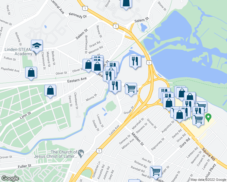 map of restaurants, bars, coffee shops, grocery stores, and more near 772 Washington Avenue in Revere