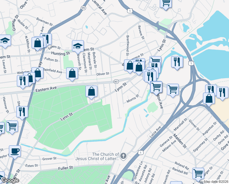 map of restaurants, bars, coffee shops, grocery stores, and more near 5 Blaine Street in Malden