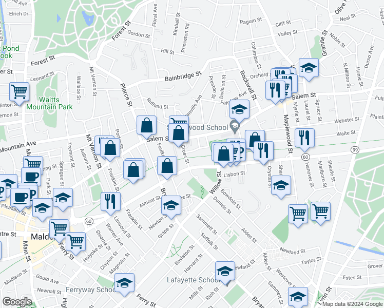 map of restaurants, bars, coffee shops, grocery stores, and more near 18-18R Playstead Road in Malden