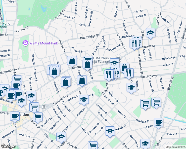 map of restaurants, bars, coffee shops, grocery stores, and more near 18-18R Playstead Road in Malden