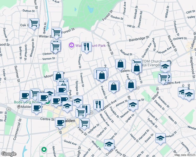 map of restaurants, bars, coffee shops, grocery stores, and more near 23-25 Wolcott Street in Malden