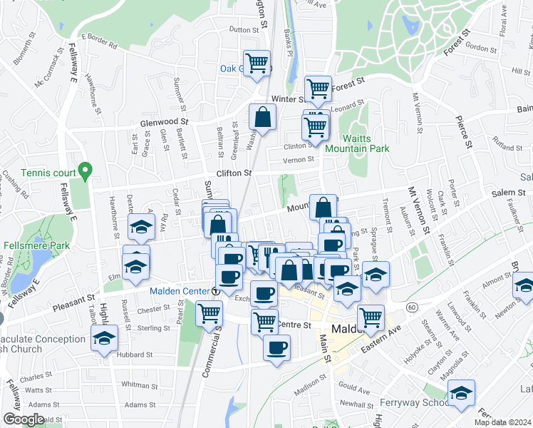 map of restaurants, bars, coffee shops, grocery stores, and more near 11 Washington Place in Malden