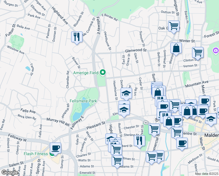 map of restaurants, bars, coffee shops, grocery stores, and more near 86 Hawthorne Street in Malden