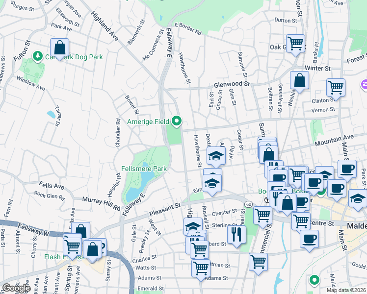 map of restaurants, bars, coffee shops, grocery stores, and more near 530 Highland Avenue in Malden