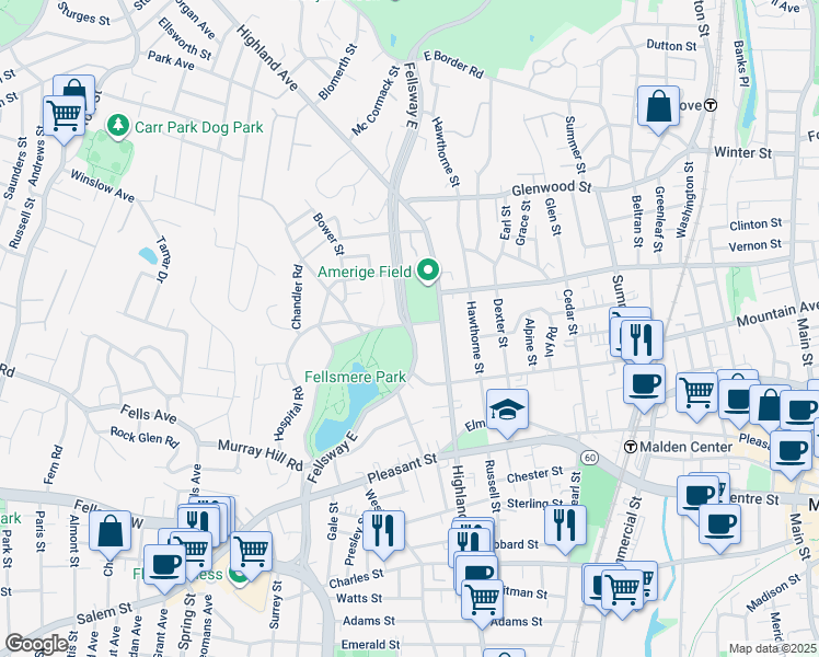 map of restaurants, bars, coffee shops, grocery stores, and more near 304 Fellsway East in Malden