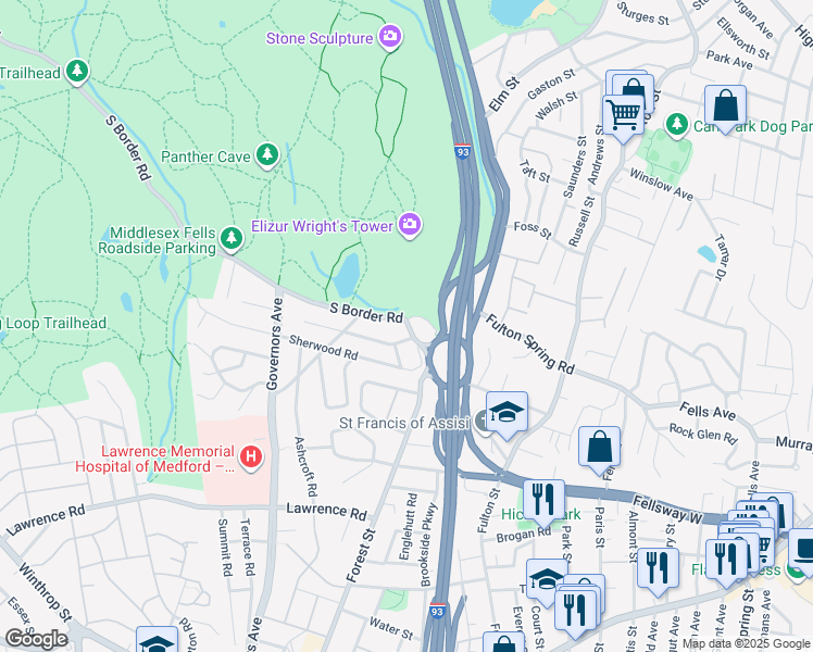 map of restaurants, bars, coffee shops, grocery stores, and more near 30 South Border Road in Medford