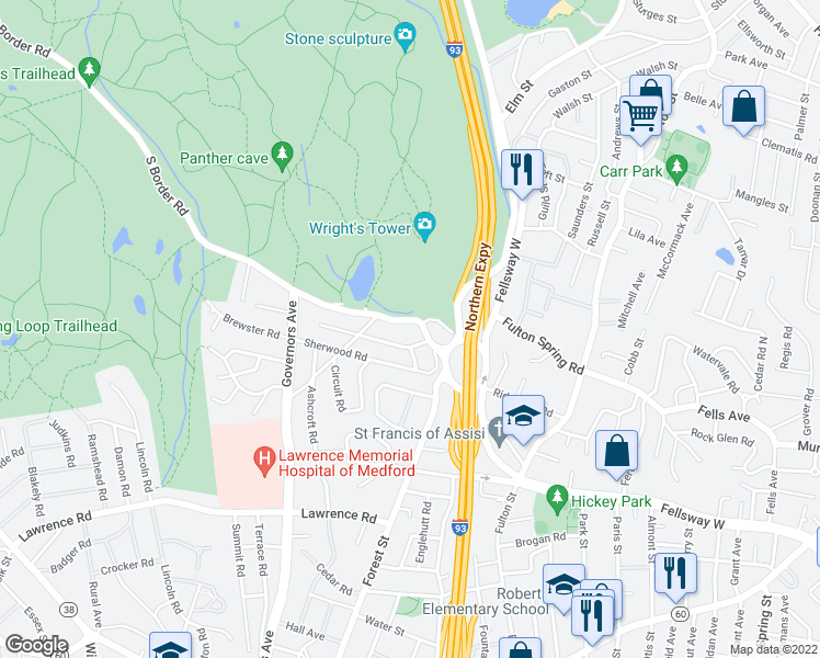 map of restaurants, bars, coffee shops, grocery stores, and more near 52 South Border Road in Medford