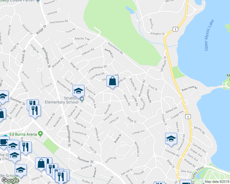 map of restaurants, bars, coffee shops, grocery stores, and more near 64 Morningside Drive in Arlington
