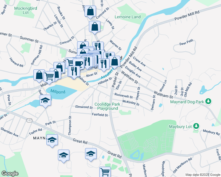 map of restaurants, bars, coffee shops, grocery stores, and more near in Maynard