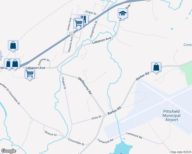 map of restaurants, bars, coffee shops, grocery stores, and more near Melbourne County Court in Pittsfield