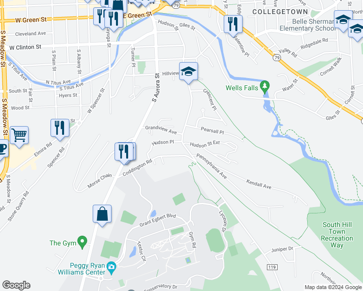 map of restaurants, bars, coffee shops, grocery stores, and more near in Ithaca