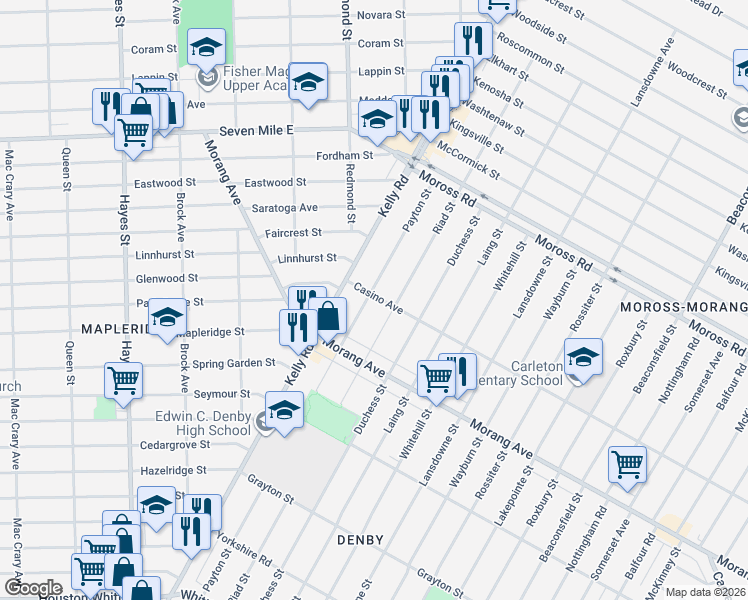 map of restaurants, bars, coffee shops, grocery stores, and more near 12708 Payton Street in Detroit