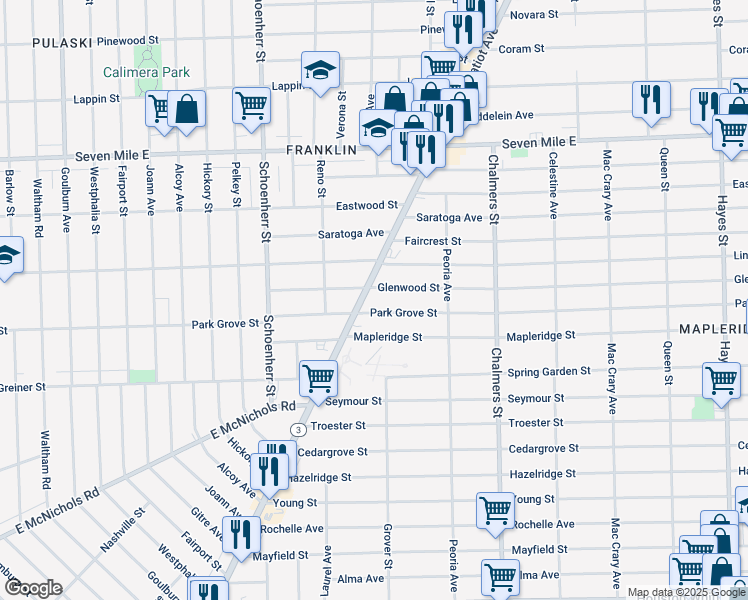 map of restaurants, bars, coffee shops, grocery stores, and more near 13978 Glenwood Street in Detroit