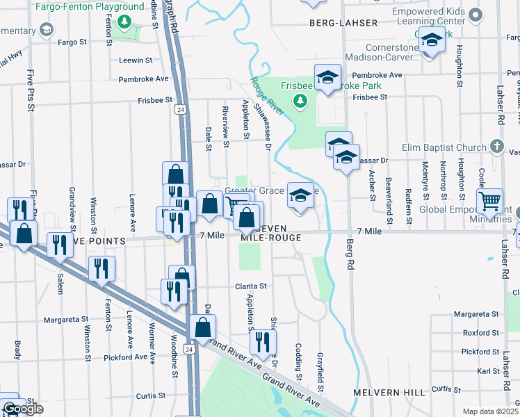 map of restaurants, bars, coffee shops, grocery stores, and more near 19209 Appleton Street in Detroit