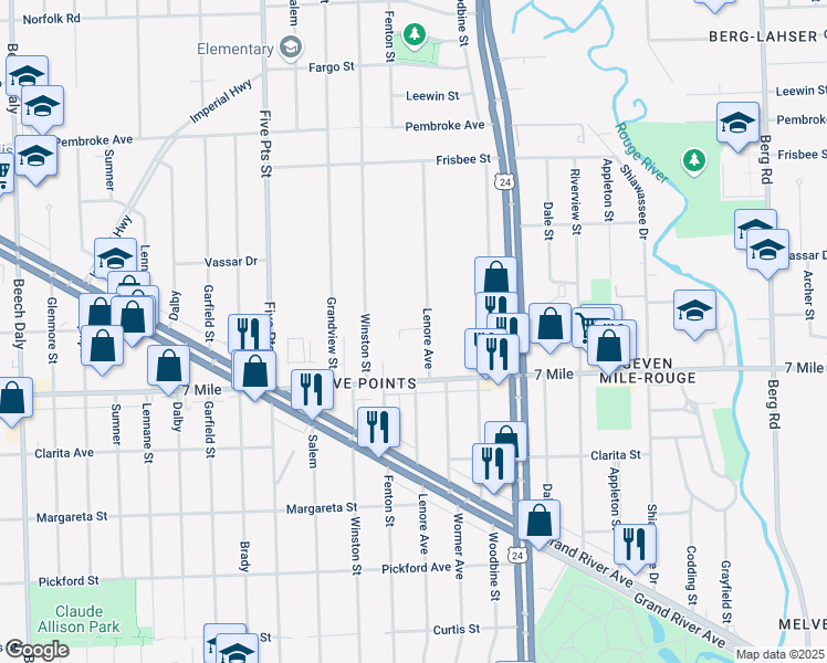map of restaurants, bars, coffee shops, grocery stores, and more near 19225 Lenore Avenue in Detroit
