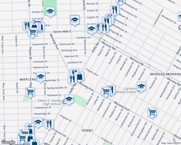 map of restaurants, bars, coffee shops, grocery stores, and more near 12626 Payton Street in Detroit