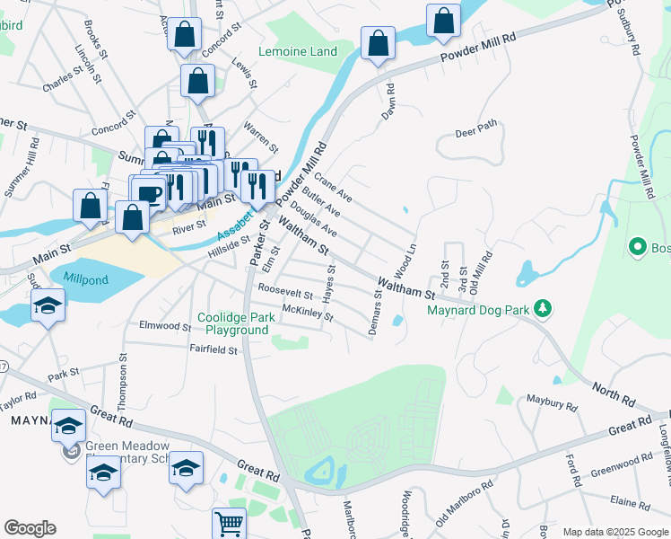 map of restaurants, bars, coffee shops, grocery stores, and more near 2 Hayes Street in Maynard