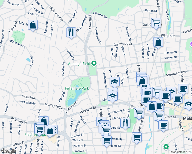 map of restaurants, bars, coffee shops, grocery stores, and more near 530 Highland Avenue in Malden