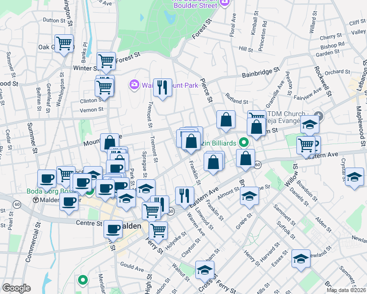 map of restaurants, bars, coffee shops, grocery stores, and more near 23-25 Wolcott Street in Malden