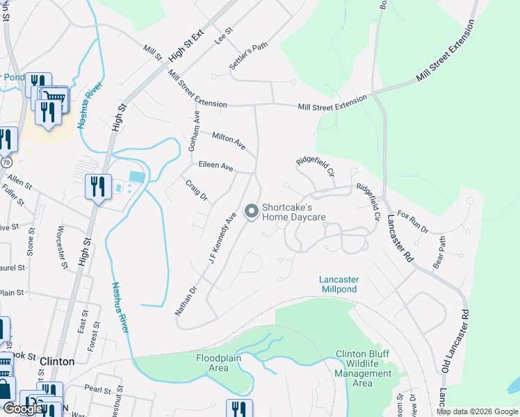 map of restaurants, bars, coffee shops, grocery stores, and more near 45 Woodruff Road in Clinton