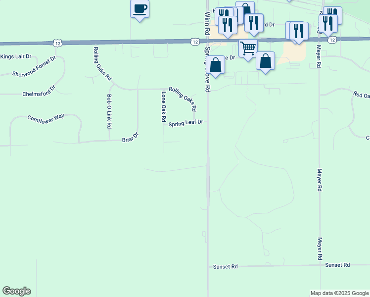 map of restaurants, bars, coffee shops, grocery stores, and more near 2703 Rondi Court in Spring Grove