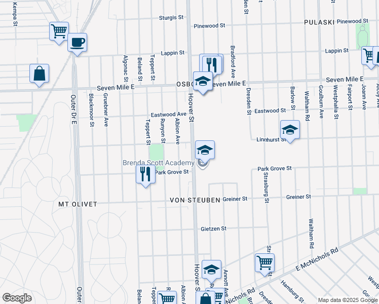 map of restaurants, bars, coffee shops, grocery stores, and more near 18493 Hoover Street in Detroit