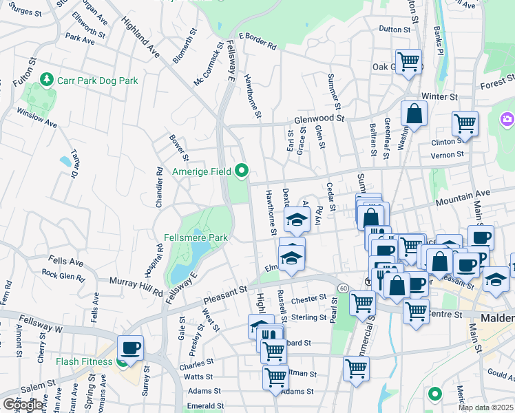 map of restaurants, bars, coffee shops, grocery stores, and more near 86 Hawthorne Street in Malden
