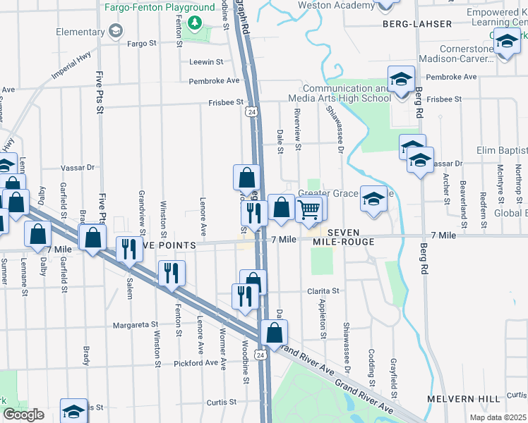 map of restaurants, bars, coffee shops, grocery stores, and more near 19248 Telegraph Road in Detroit