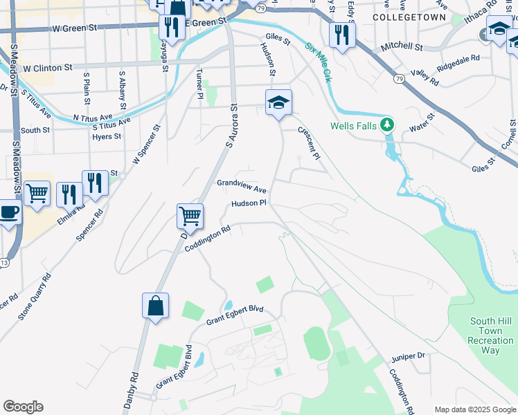 map of restaurants, bars, coffee shops, grocery stores, and more near 4 Hudson Place in Ithaca