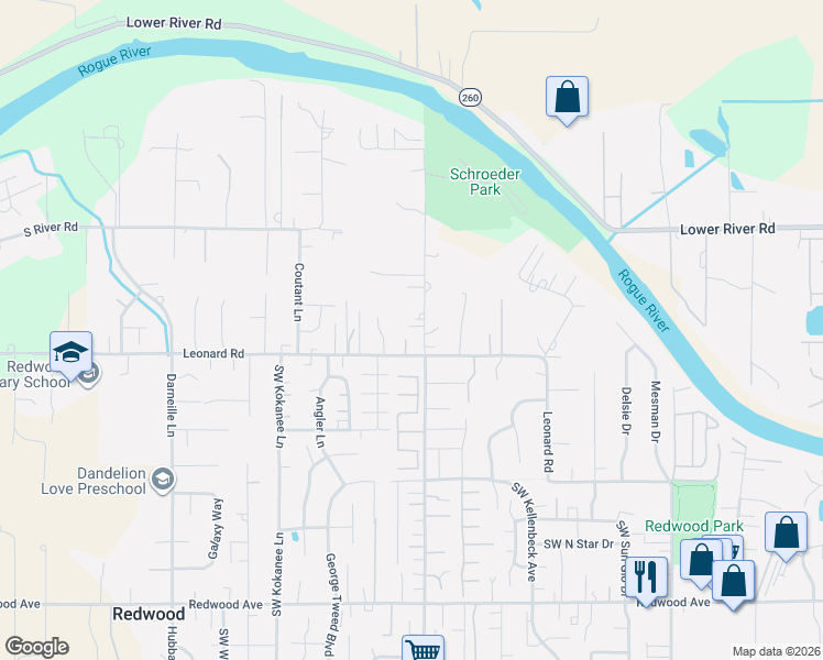 map of restaurants, bars, coffee shops, grocery stores, and more near 950 Schroeder Lane in Grants Pass